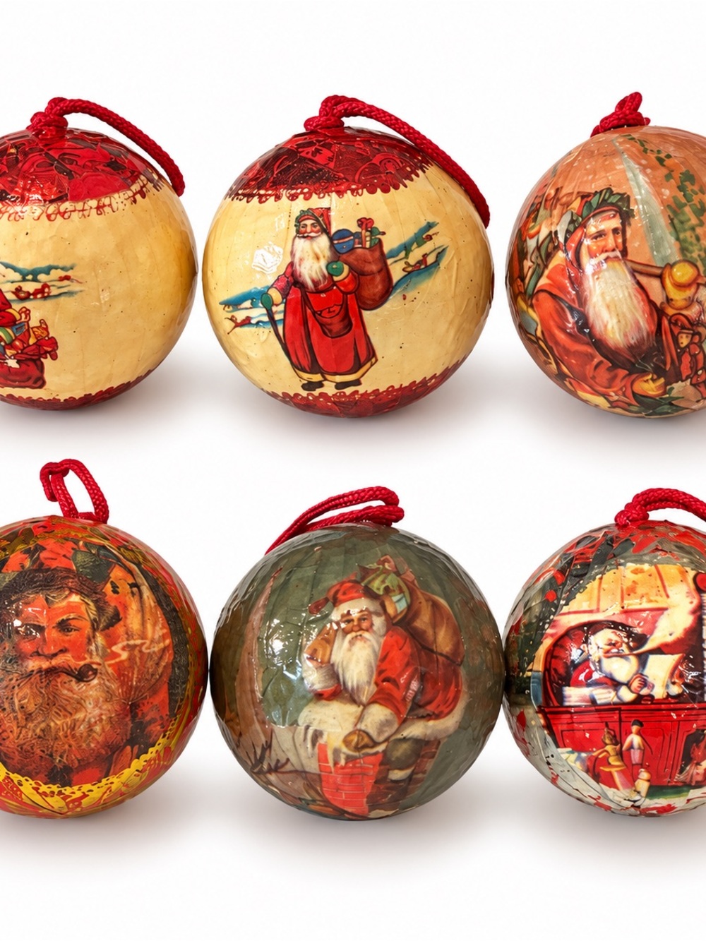 Vintage Style Santa Holiday Ornament Set - Red and Cream